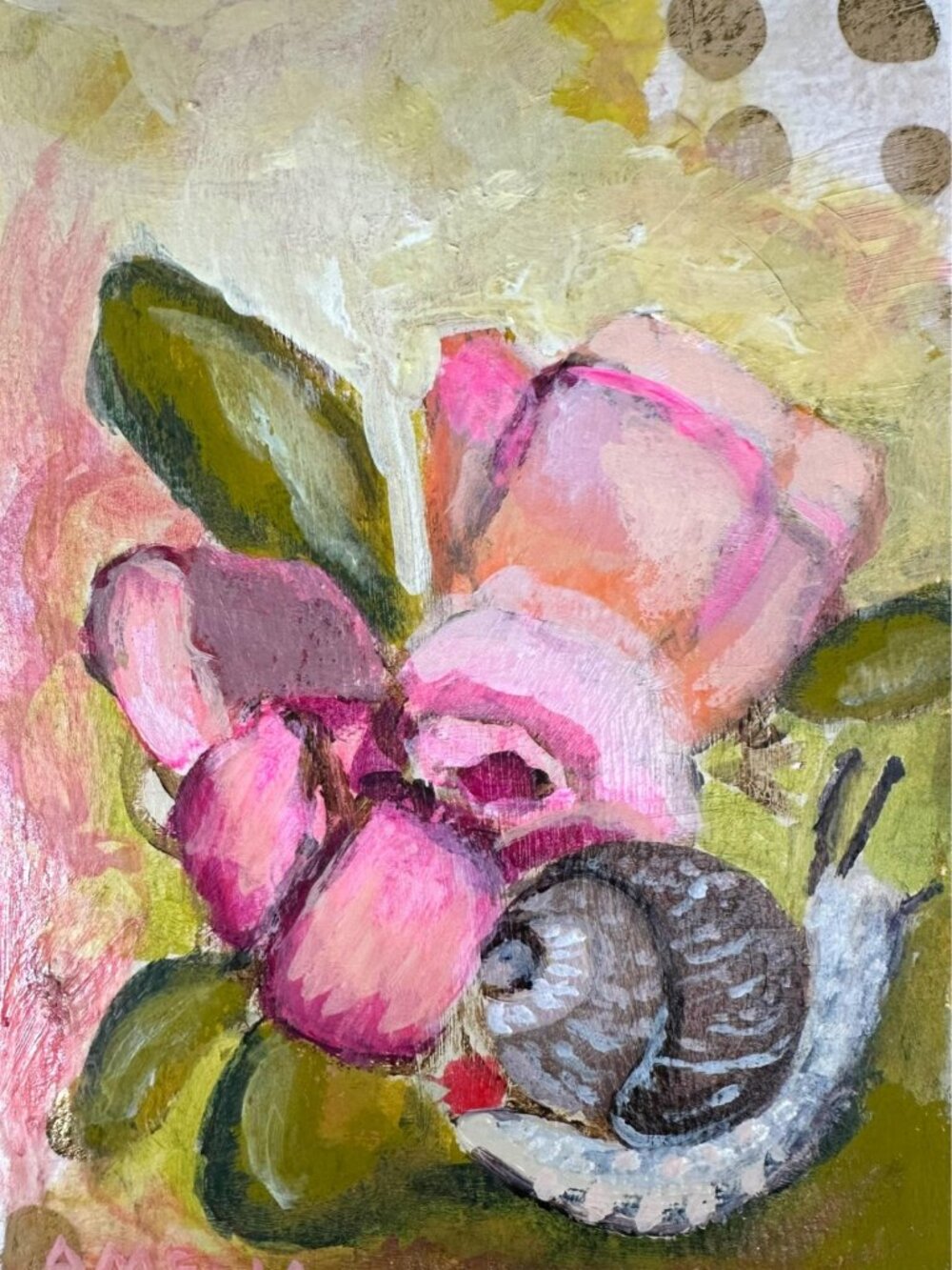 Original Painting OOAK Art Garden Snail Acrylic Floral Shabby Chic 5" x 7"